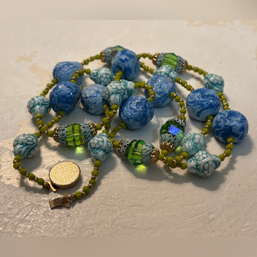 50s/60s Molded teal, Sugared Blue/White Swirl, green beaded Crystal Necklace